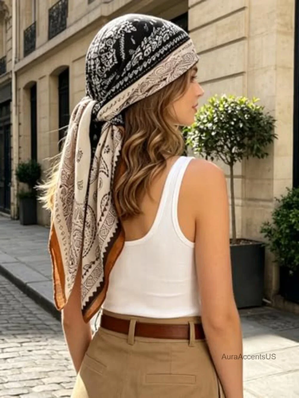 Oversized Bandana Scarf with Pearl Scarf Ring, Large Square Shawl Hair Wrap